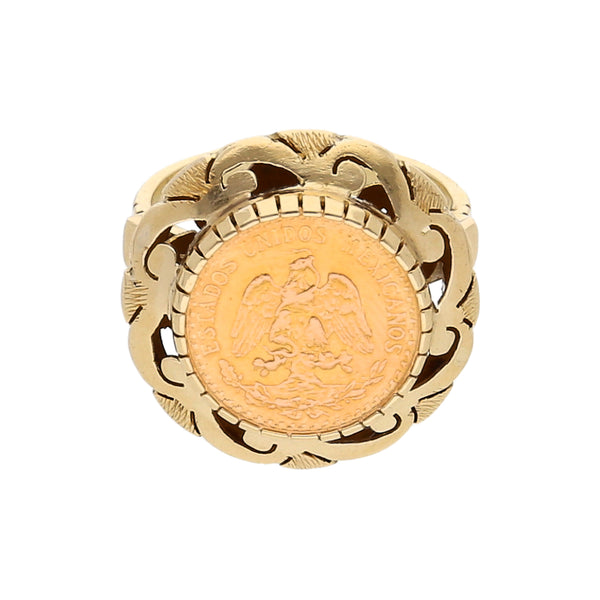 Anillo calado con moneda de dos pesos oro mexicano 21.6 kilates en oro amarillo 14 kilates.