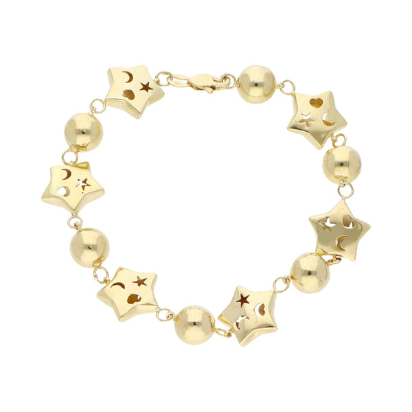 Pulsera eslabón combinado motivo estrellas y esferas en oro amarillo 14 kilates.