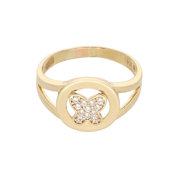 Anillo calado motivo mariposa con circonias en oro amarillo 14 kilates.