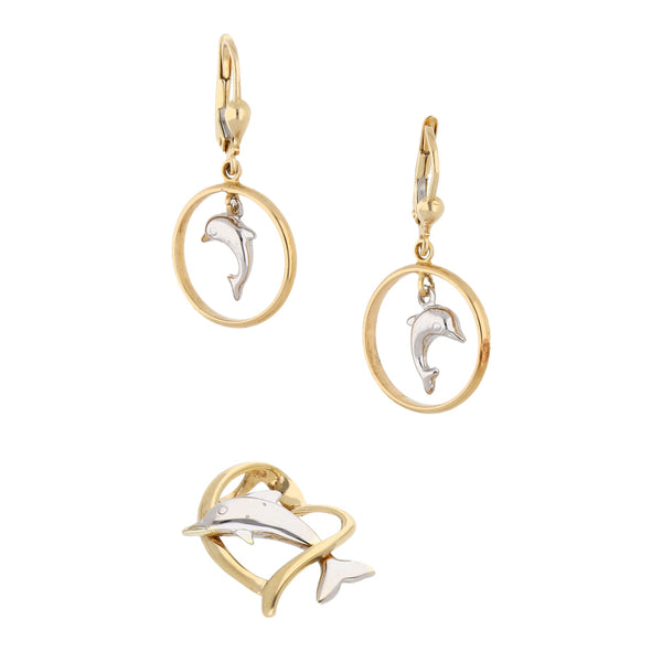 Aretes y dije diseño especial motivo delfines en oro dos tonos 14 kilates.