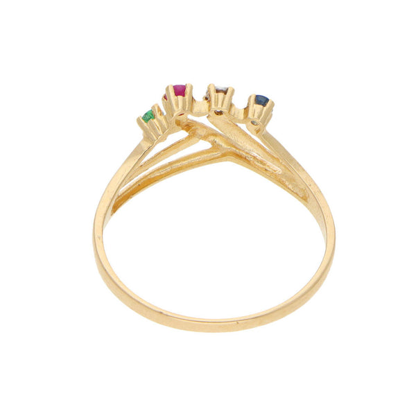 Anillo diseño especial con diamante, esmeralda, rubí y zafiro en oro amarillo 18 kilates.