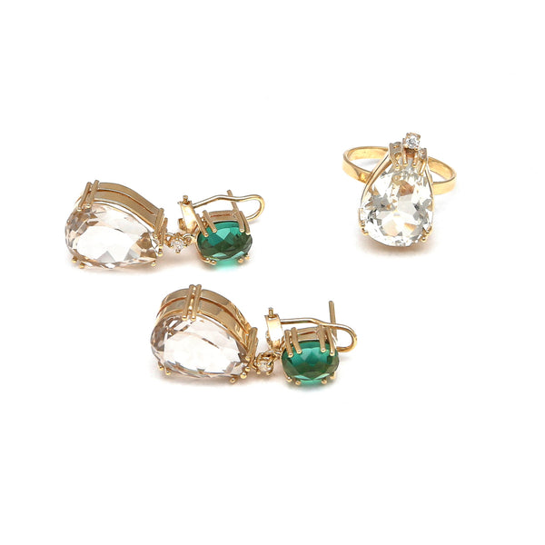 Juego de anillo y aretes estilizados con diamantes, cuarzo cristal y verde en oro amarillo 14 kilates.