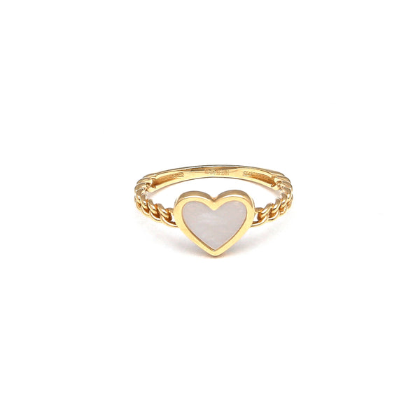 Anillo calado motivo corazón con madre perla en oro amarillo 14 kilates.