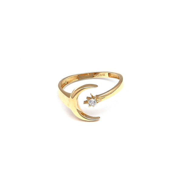 Anillo abierto motivo luna con circonia en oro amarillo 14 kilates.