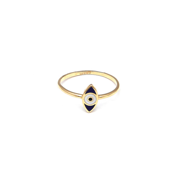 Anillo liso con aplicación motivo ojo con esmalte en oro amarillo 14 kilates.