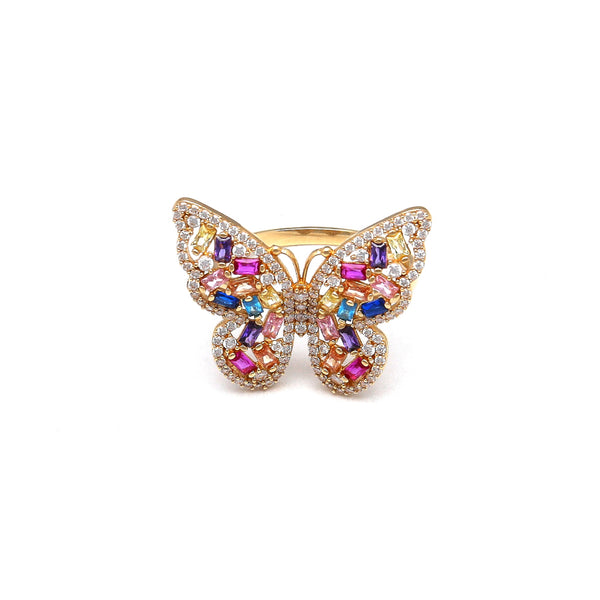 Anillo estilizado motivo mariposa con sintéticos en oro amarillo 14 kilates.