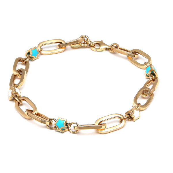 Pulsera eslabón combinado motivo estrellas con esmalte en oro amarillo 14 kilates.