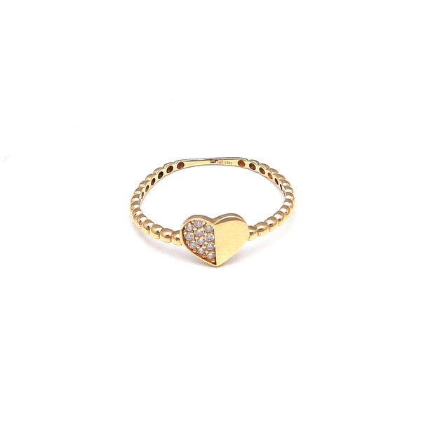 Anillo boleado motivo corazón con circonias en oro amarillo 14 kilates.