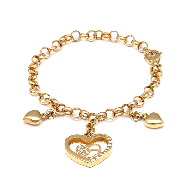 Pulsera eslabón cruzado con colgantes motivo corazón en oro amarillo 14 kilates.