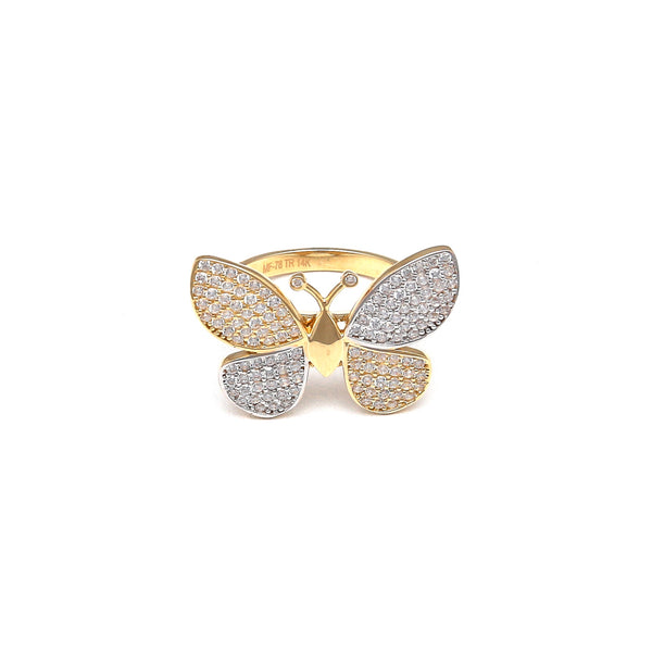 Anillo estilizado motivo mariposa con circonias en oro amarillo 14 kilates.