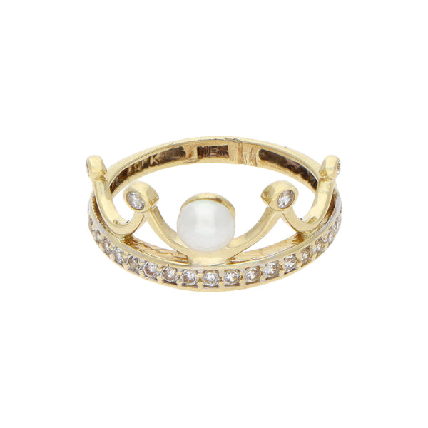 Anillo diseño especial motivo corona con perla y circonias en oro amarillo 10 kilates.