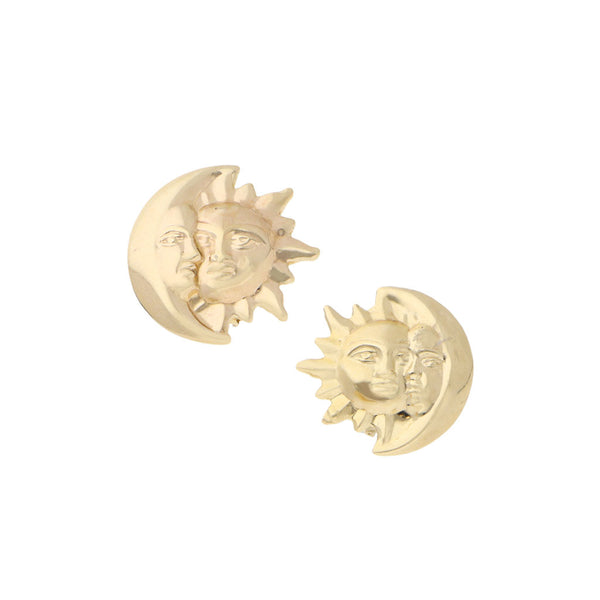 Aretes huecos motivo sol y luna en oro amarillo 14 kilates.