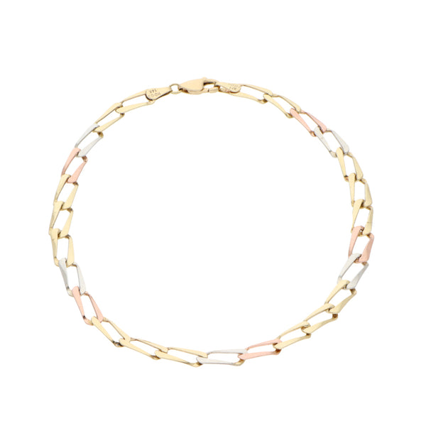 Pulsera eslabón laminado en oro tres tonos 14 kilates.