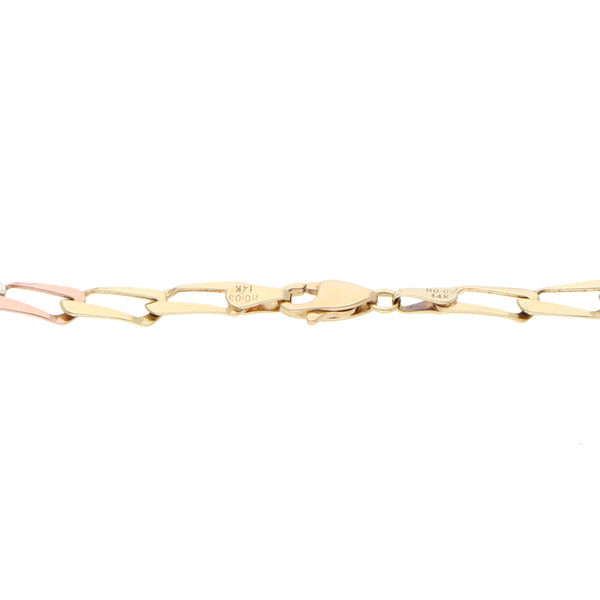 Pulsera eslabón laminado en oro tres tonos 14 kilates.