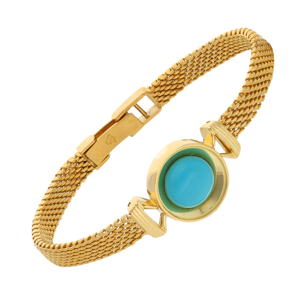 Pulsera eslabón tejido con aplicación y turquesa en oro amarillo 18 kilates.