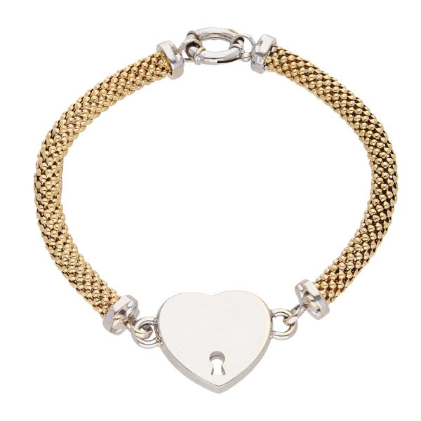 Pulsera eslabón laminado con aplicación motivo corazón en oro dos tonos 14 kilates.