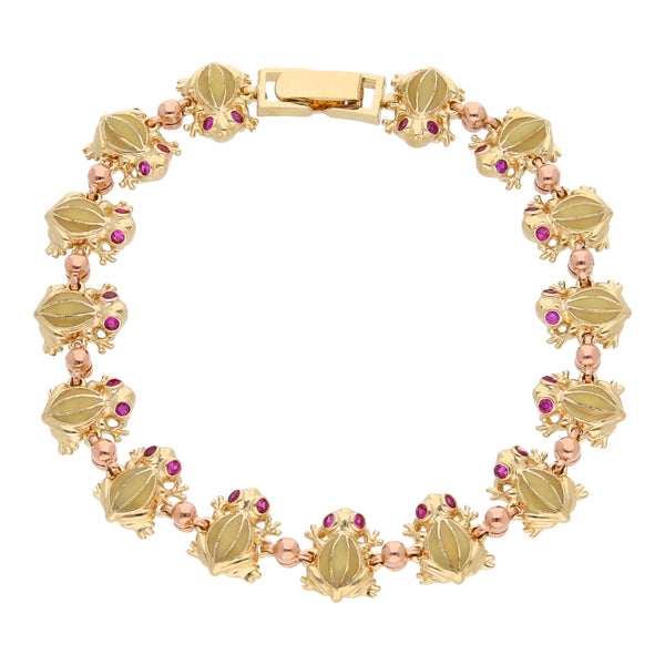 Pulsera eslabón articulado motivos ranas con sintéticos y esmalte en oro amarillo 14 kilates.