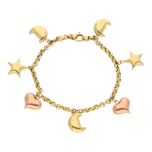 Pulsera eslabón cruzado con colgantes motivo estrella, luna y corazón en oro dos tonos 18 kilates.