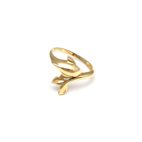 Anillo liso motivo delfín con circonias en oro amarillo 14 kilates.