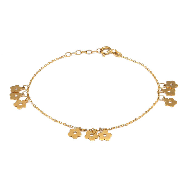 Pulsera eslabón cruzado con colgantes motivo flores en oro amarillo 14 kilates.