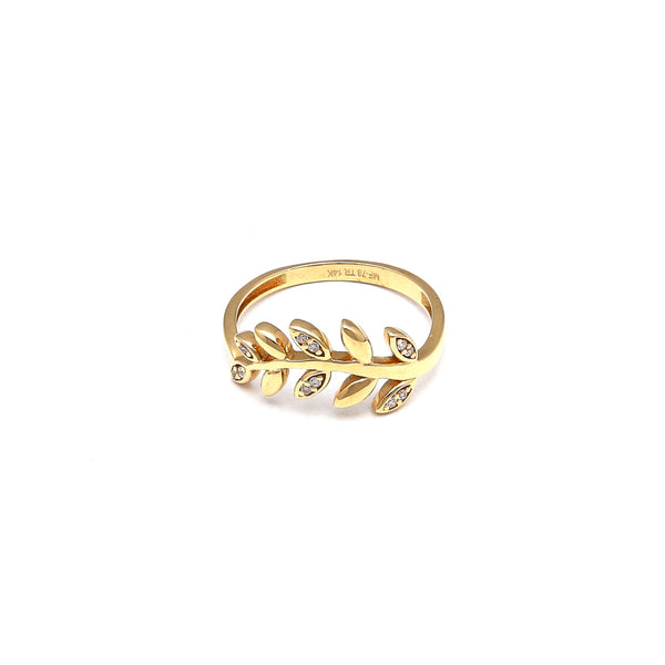 Anillo diseño especial motivo hojas con circonias en oro amarillo 14 kilates.