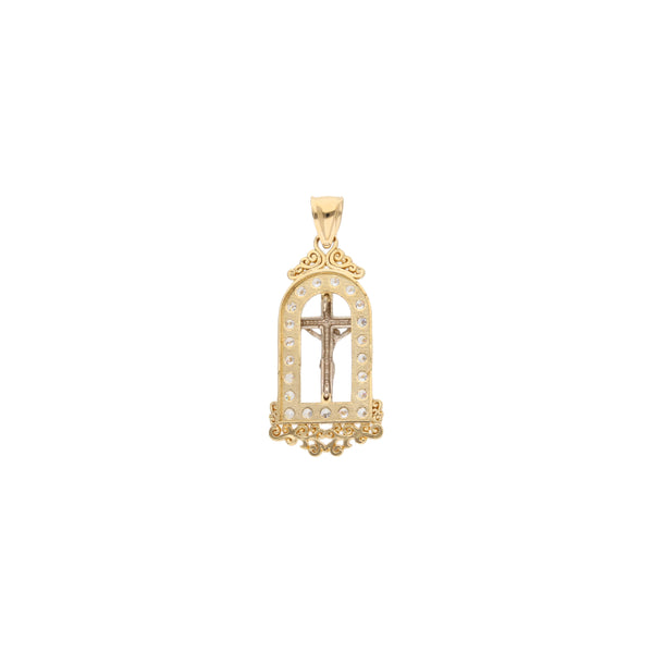 Crucifijo diseño especial con circonias en oro dos tonos 14 kilates.