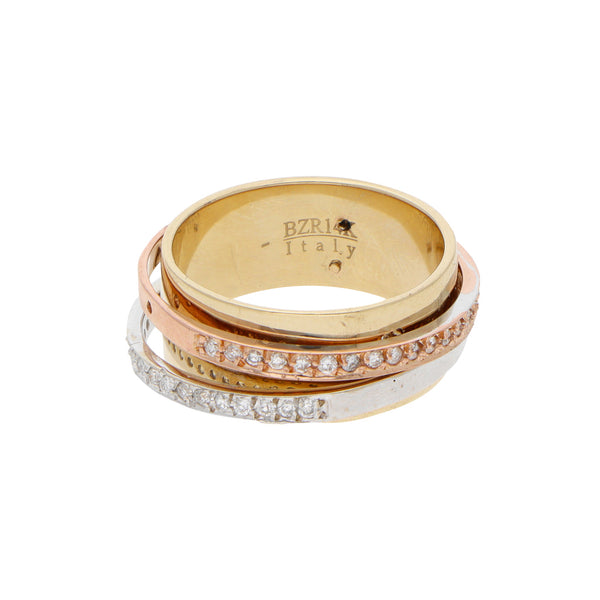 Argolla diseño especial con diamantes en oro tres tonos 14 kilates.