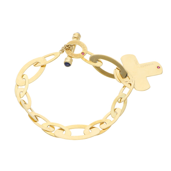 Pulsera eslabón combinado con colgante y sintéticos en oro amarillo 18 kilates.