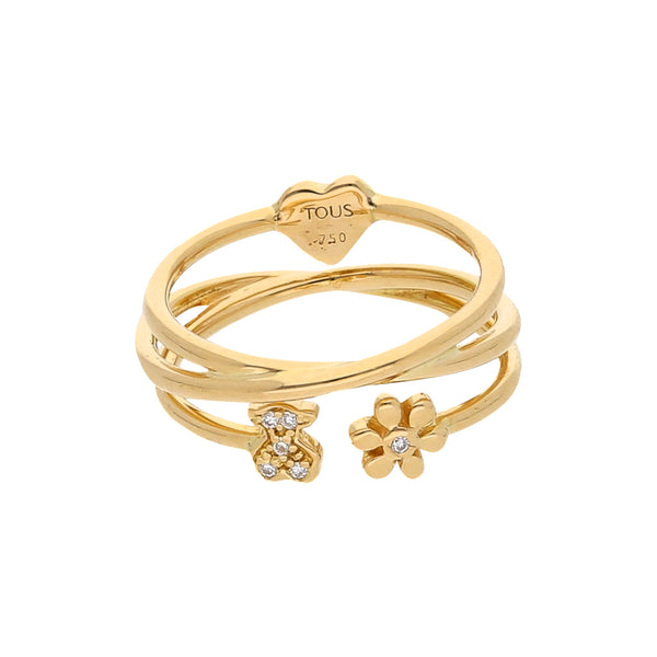 Anillo diseño especial motivo oso, floral y corazón con diamantes firma Tous en oro amarillo 18 kilates.