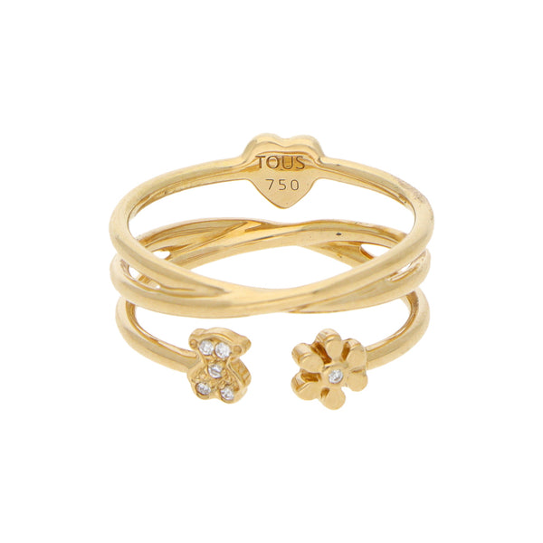 Anillo diseño especial firma Tous motivo floral, oso y corazón con diamantes en oro amarillo 18 kilates.