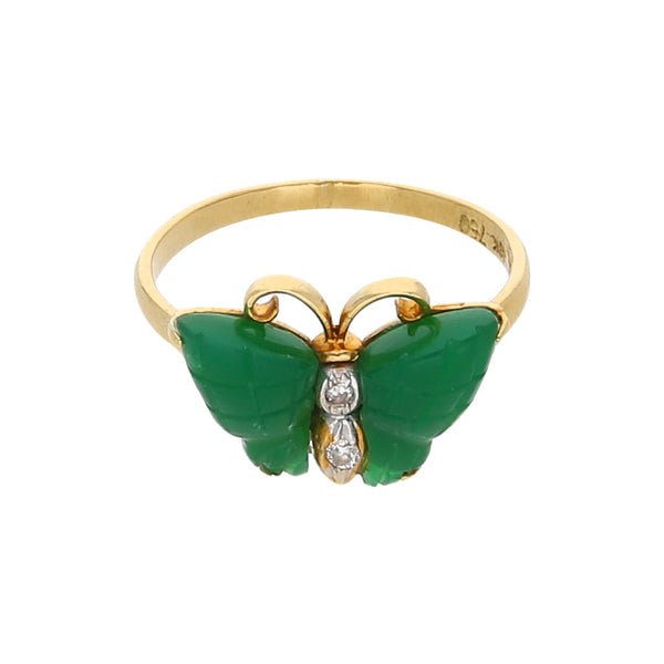 Anillo estilizado motivo mariposa con diamantes y jade en oro amarillo 18 kilates.