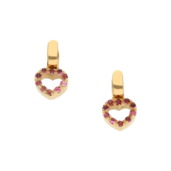 Aretes articulados motivo corazón con sintéticos en oro amarillo 18 kilates.