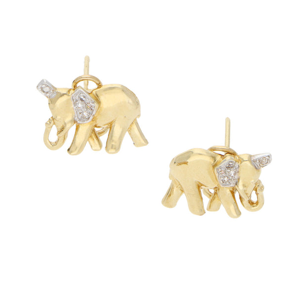 Aretes diseño especial motivo elefante con circonias en oro amarillo 14 kilates.