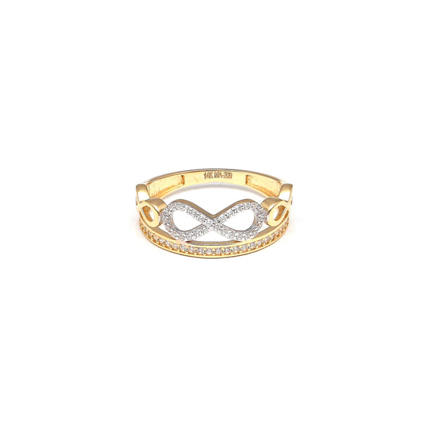 Anillo calado motivo infinitos con circonias en oro amarillo 14 kilates.