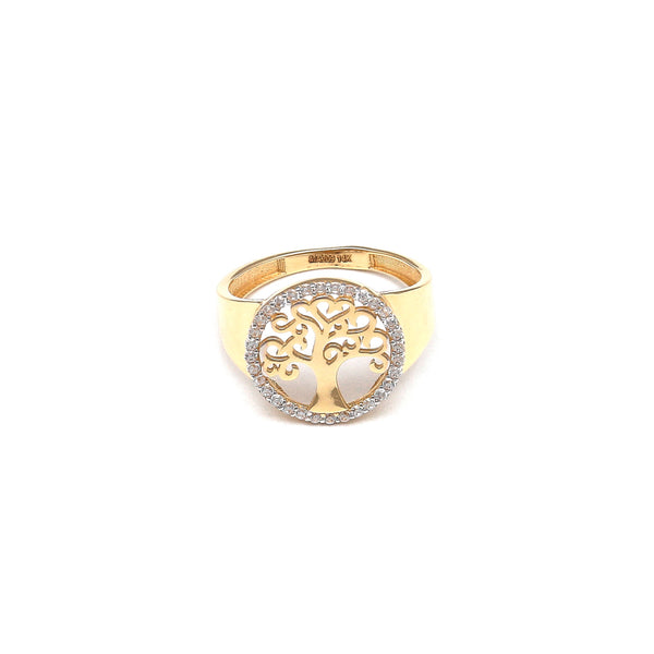 Anillo calado motivo árbol con sintéticos en oro amarillo 14 kilates.