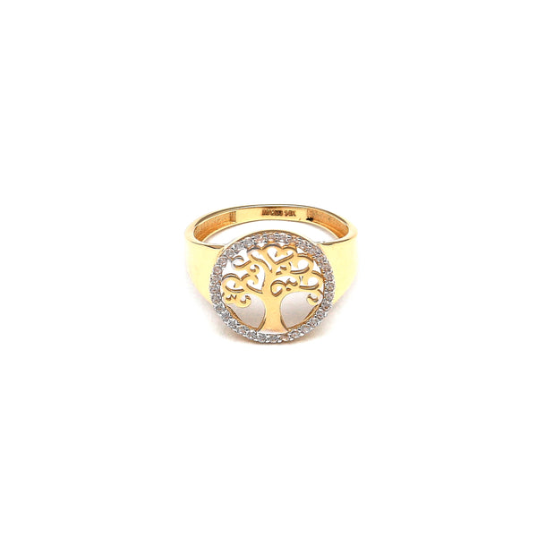 Anillo calado motivo árbol con sintéticos en oro amarillo 14 kilates.