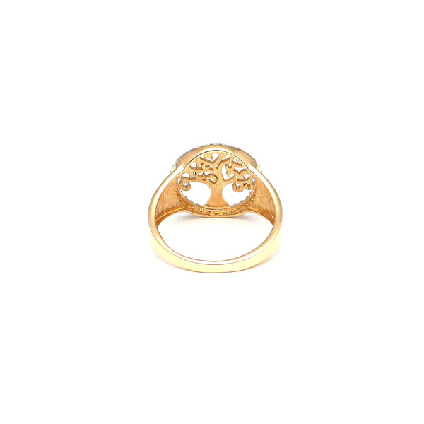 Anillo calado motivo árbol con sintéticos en oro amarillo 14 kilates.