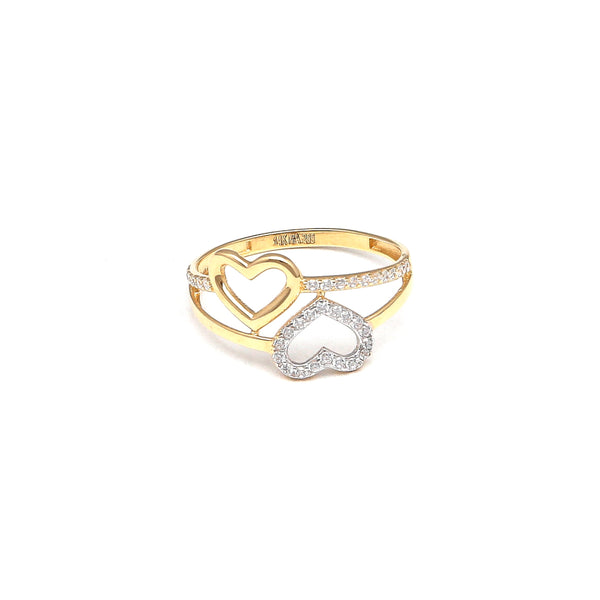 Anillo calado motivo corazones con sintéticos en oro amarillo 14 kilates.