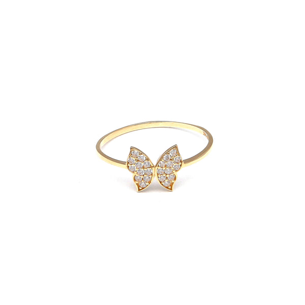 Anillo diseño especial motivo mariposa con circonias en oro amarillo 14 kilates.