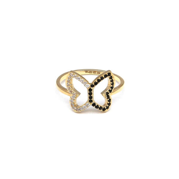 Anillo calado motivo mariposa con sintéticos en oro amarillo 14 kilates.