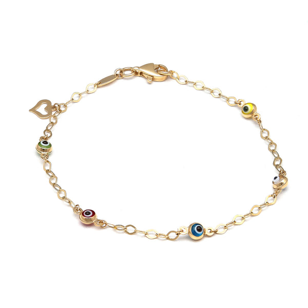 Pulsera eslabón cruzado con aplicaciones motivo ojo, colgante motivo corazón y sintéticos en oro amarillo 14 kilates.