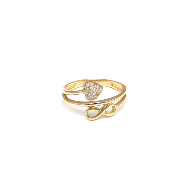 Anillo diseño especial motivo corazón e infinito con sintéticos en oro amarillo 14 kilates.