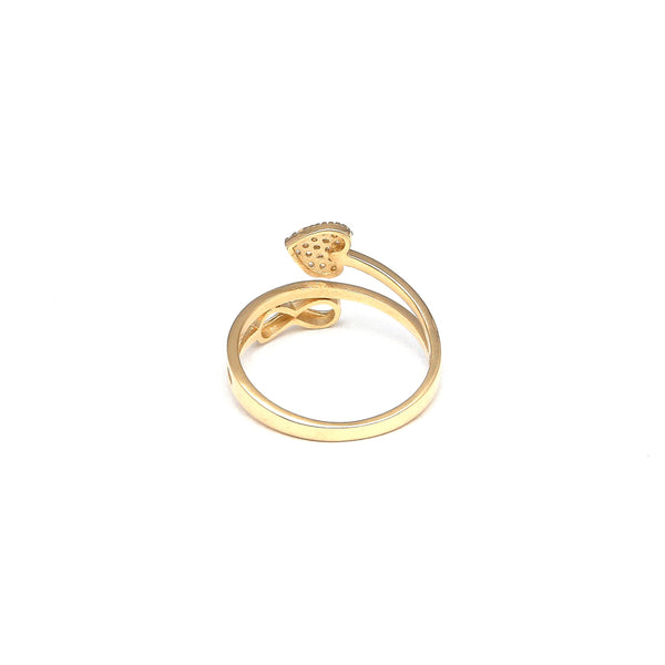 Anillo diseño especial motivo corazón e infinito con sintéticos en oro amarillo 14 kilates.