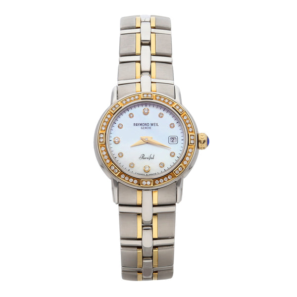 Reloj Raymond Weil para dama modelo Parsifal vistas en oro amarillo 18 kilates.