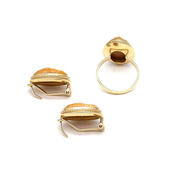 Juego de anillo y aretes diseño especial con camafeo motivo dama en oro amarillo 14 kilates.