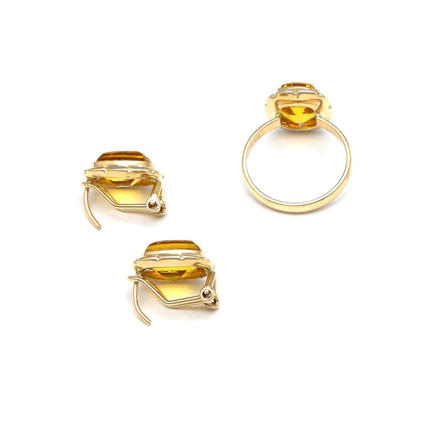 Juego de anillo y aretes calados con citrinos en oro amarillo 14 kilates.