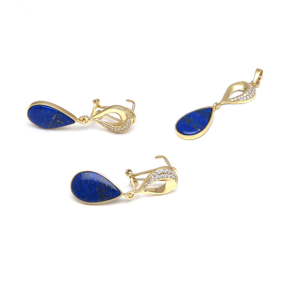 Juego aretes y dije calados con lapislazuli y circonias en oro amarillo 14 kilates.