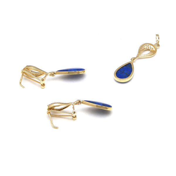 Juego aretes y dije calados con lapislazuli y circonias en oro amarillo 14 kilates.