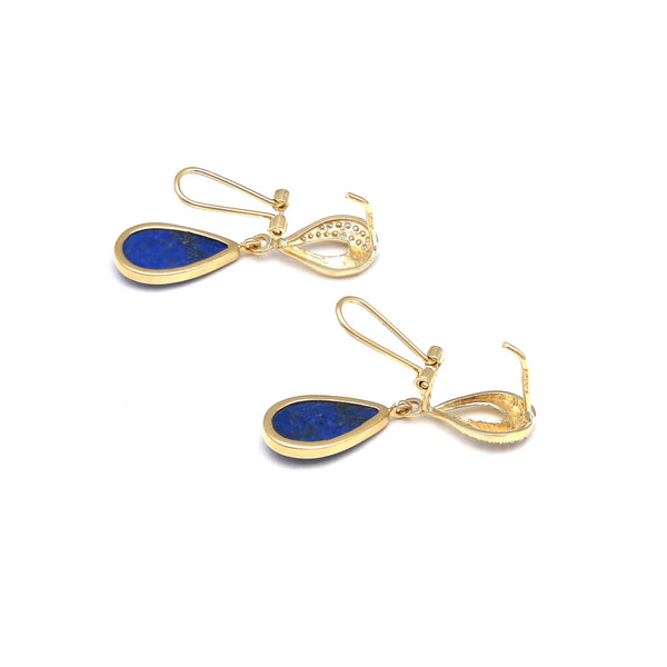 Juego aretes y dije calados con lapislazuli y circonias en oro amarillo 14 kilates.