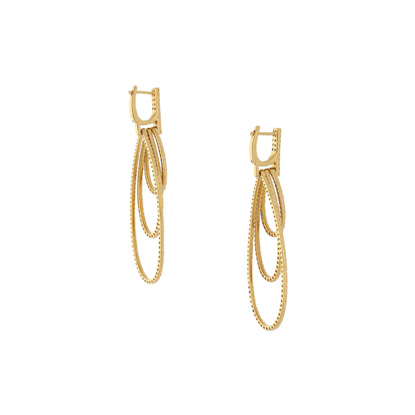 Aretes estilizados con colgantes y diamantes en oro amarillo 18 kilates.